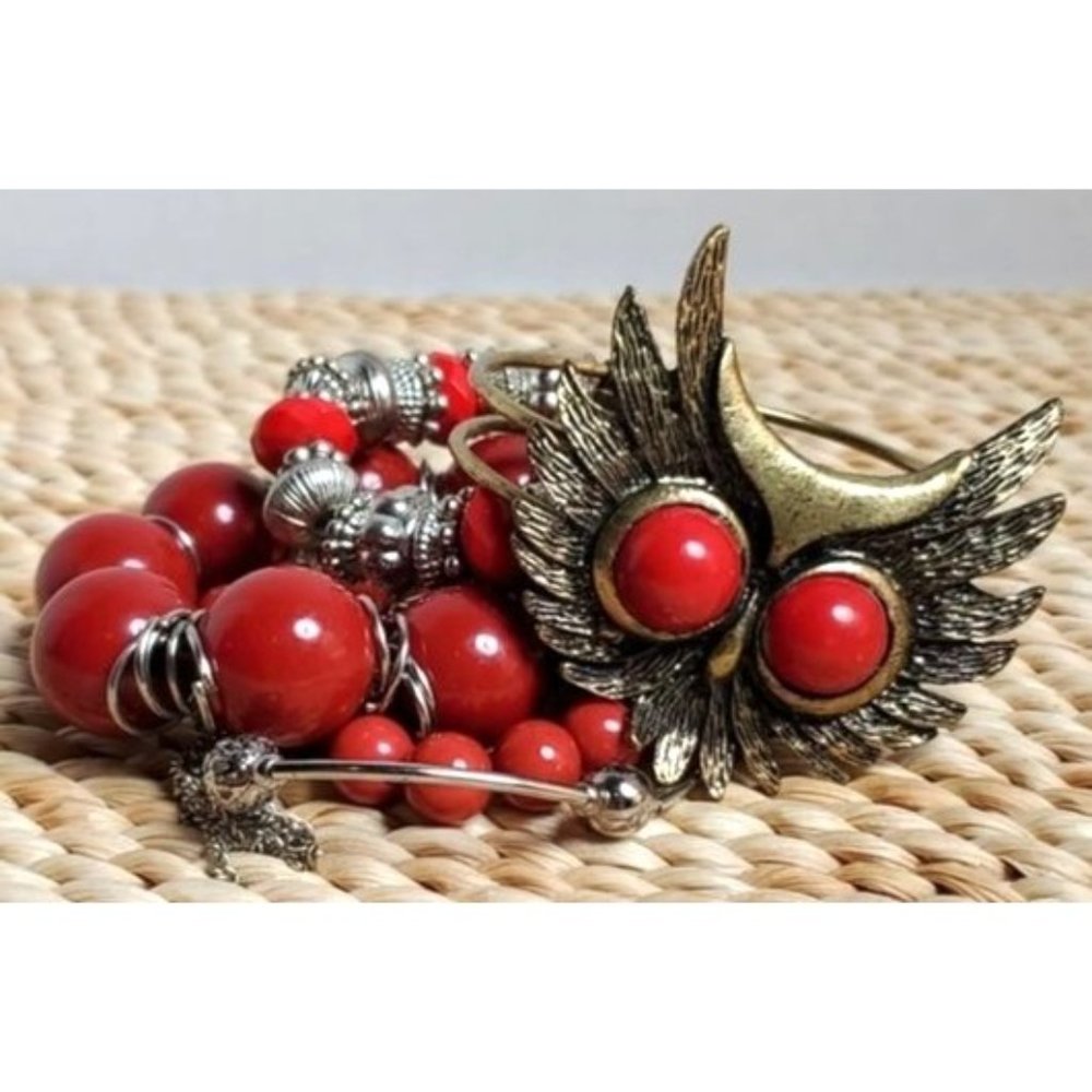 BUNDLE RED & SILVER/ BRASS BRACELET OWL SET - Picture 2 of 3